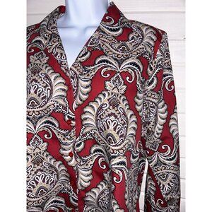 Chicos Sz 1 (MEDIUM) No Iron Cotton Button Up Shirt Tunic Red Damask Print EUC